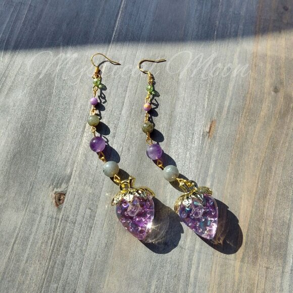 Strawberry Crystal Earrings Pink Acrylic Strawberry Charm with Amethyst - Picture 3 of 5